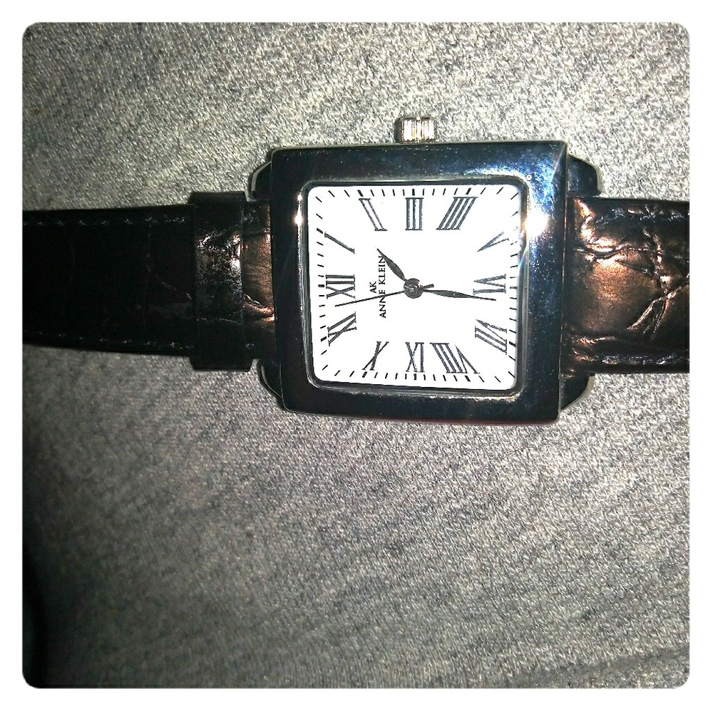 Anne Klein Black Croc-Pattern Leather Strap Silver-Tone Square Watch